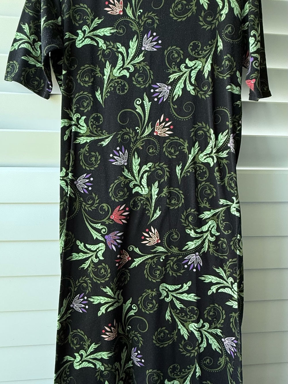 LuLaRoe Black Midi Dress with Green Leaf and Purple & Red Floral Accents